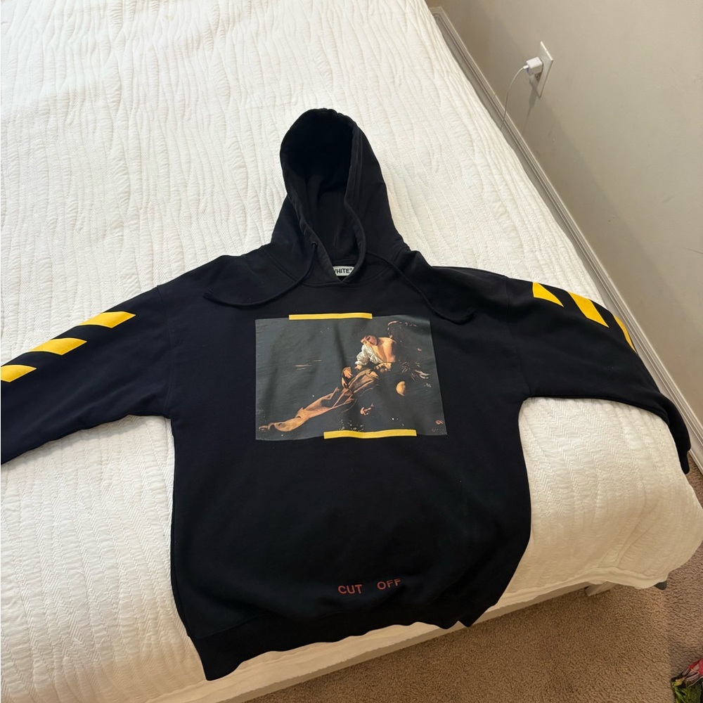 Off-White Black Hoodie with Yellow Stripes